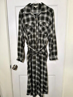 Kate & Sam Plaid Button-Front Shirt Dress Green & Gray XL